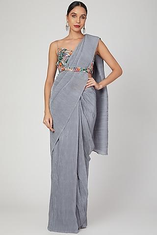 grey crushed saree with embroidered blouse