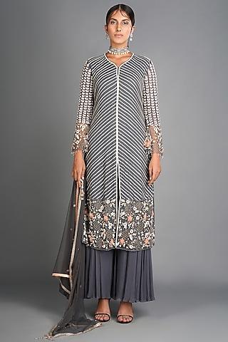 grey cutdana embroidered kurta set