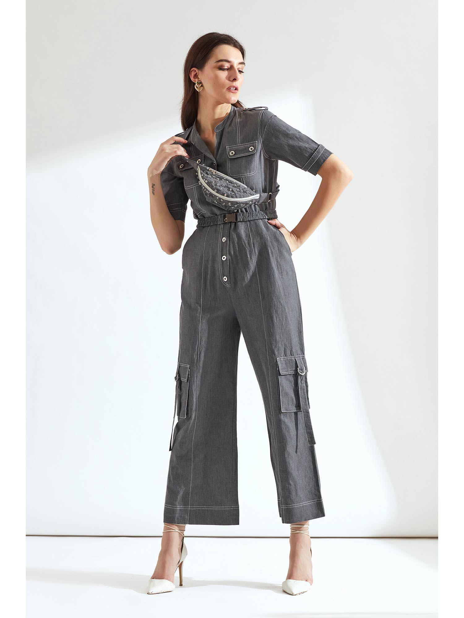 grey denim belted jumpsuit with star girl embroiderd bum bag (set of 3)
