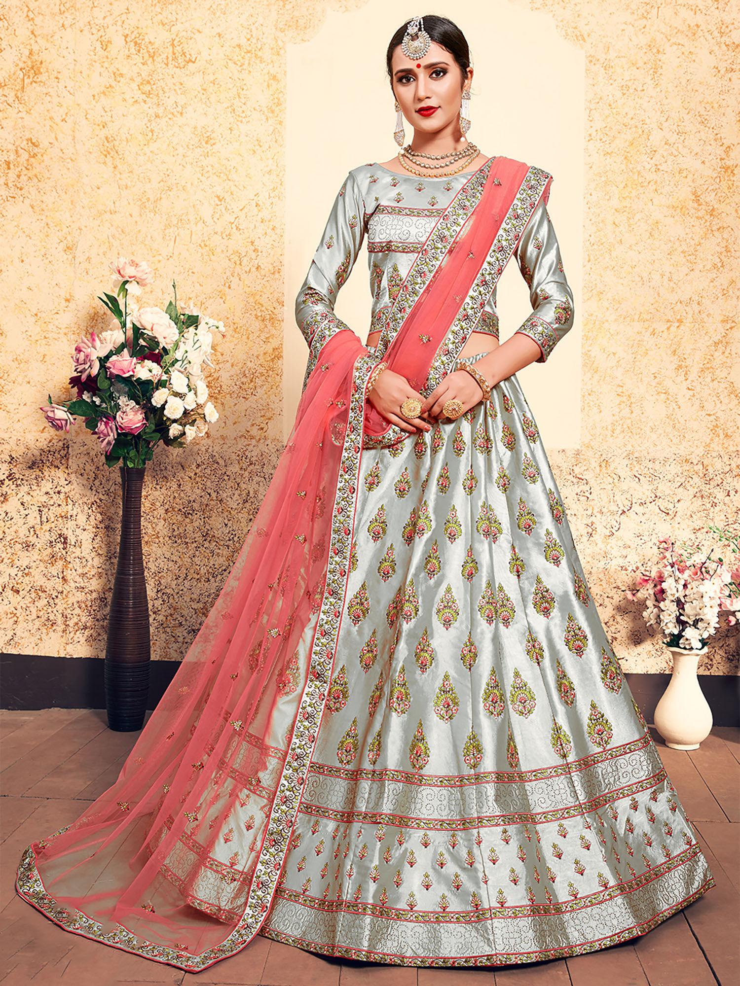 grey designer semi stitched lehenga with unstitched blouse (set of 3)