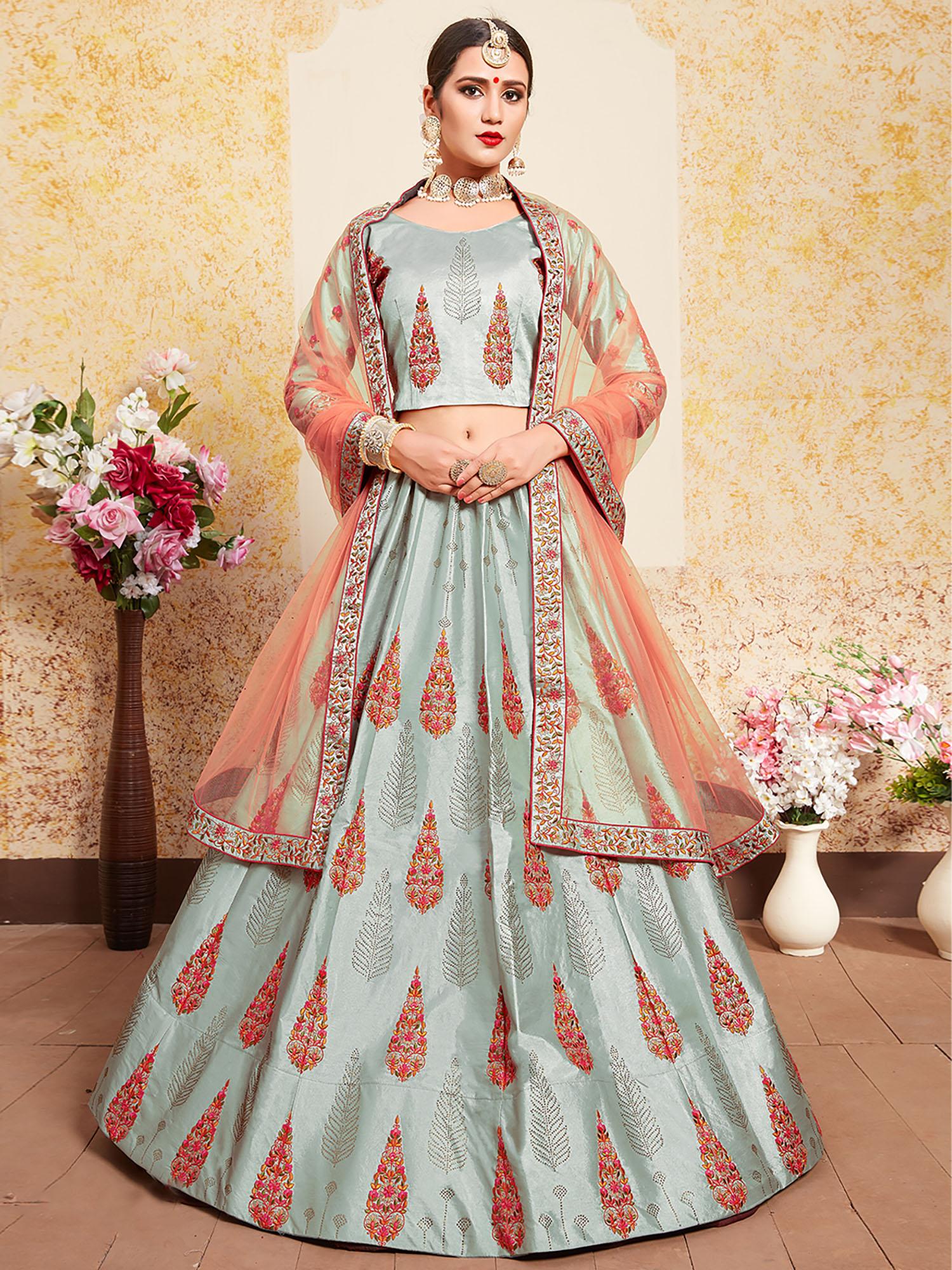 grey designer semi stitched lehenga with unstitched blouse (set of 3)