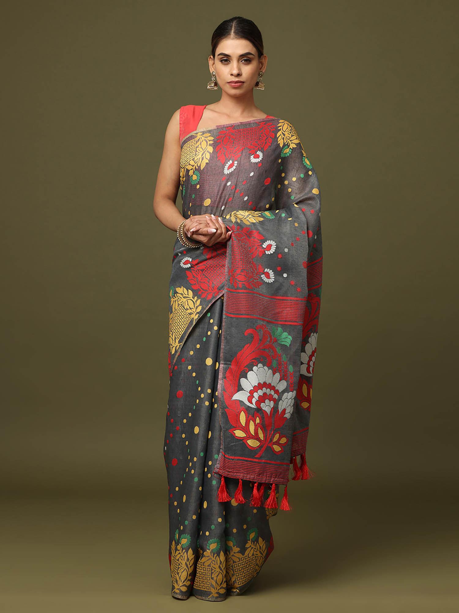 grey dhakai jamdani saree with unstitched blouse