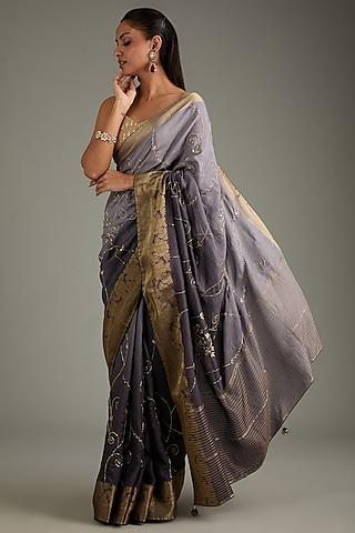 grey dola silk hand embroidered banarasi saree set