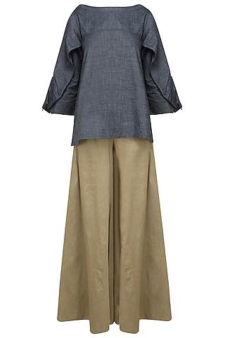 grey drape sleeves top and gold wide pants set