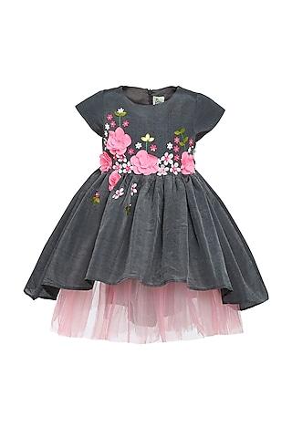 grey dupion & tulle embroidered dress for girls