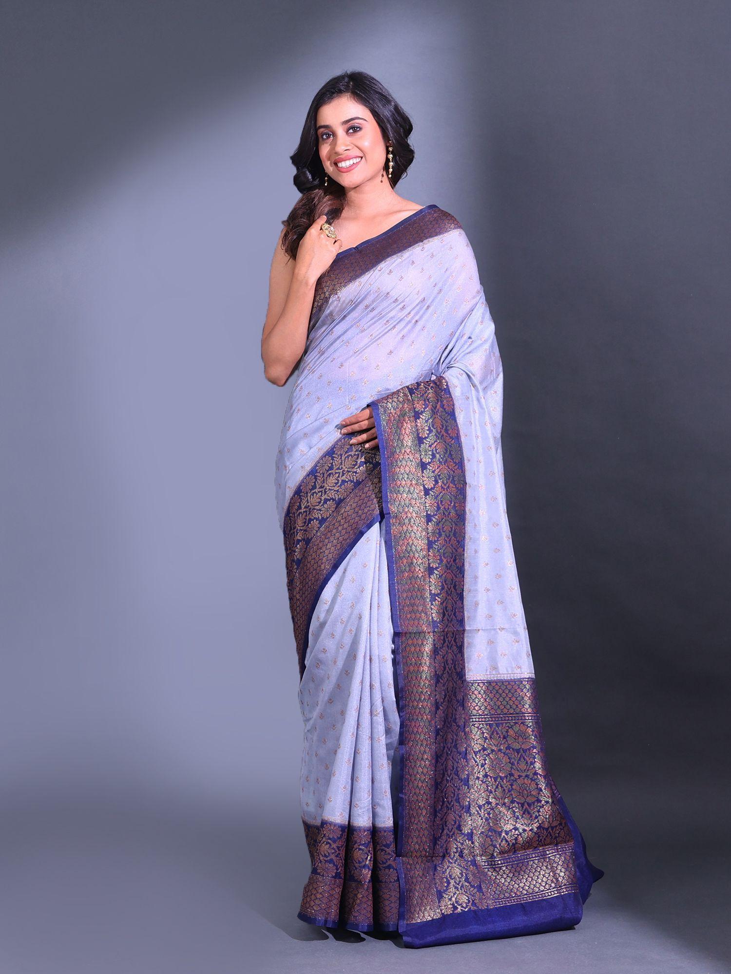 grey dupion silk handwoven zari texture pattern saree with unstitched blouse