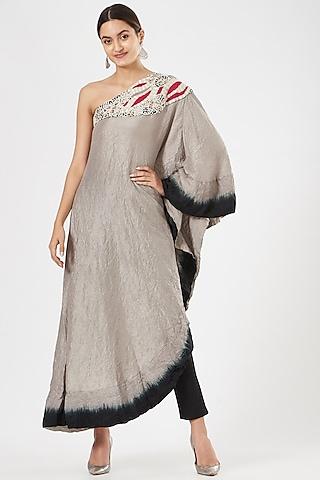 grey dupion silk one shoulder kurta set