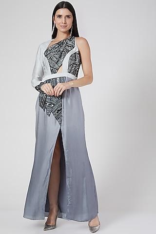 grey embellished a-line gown