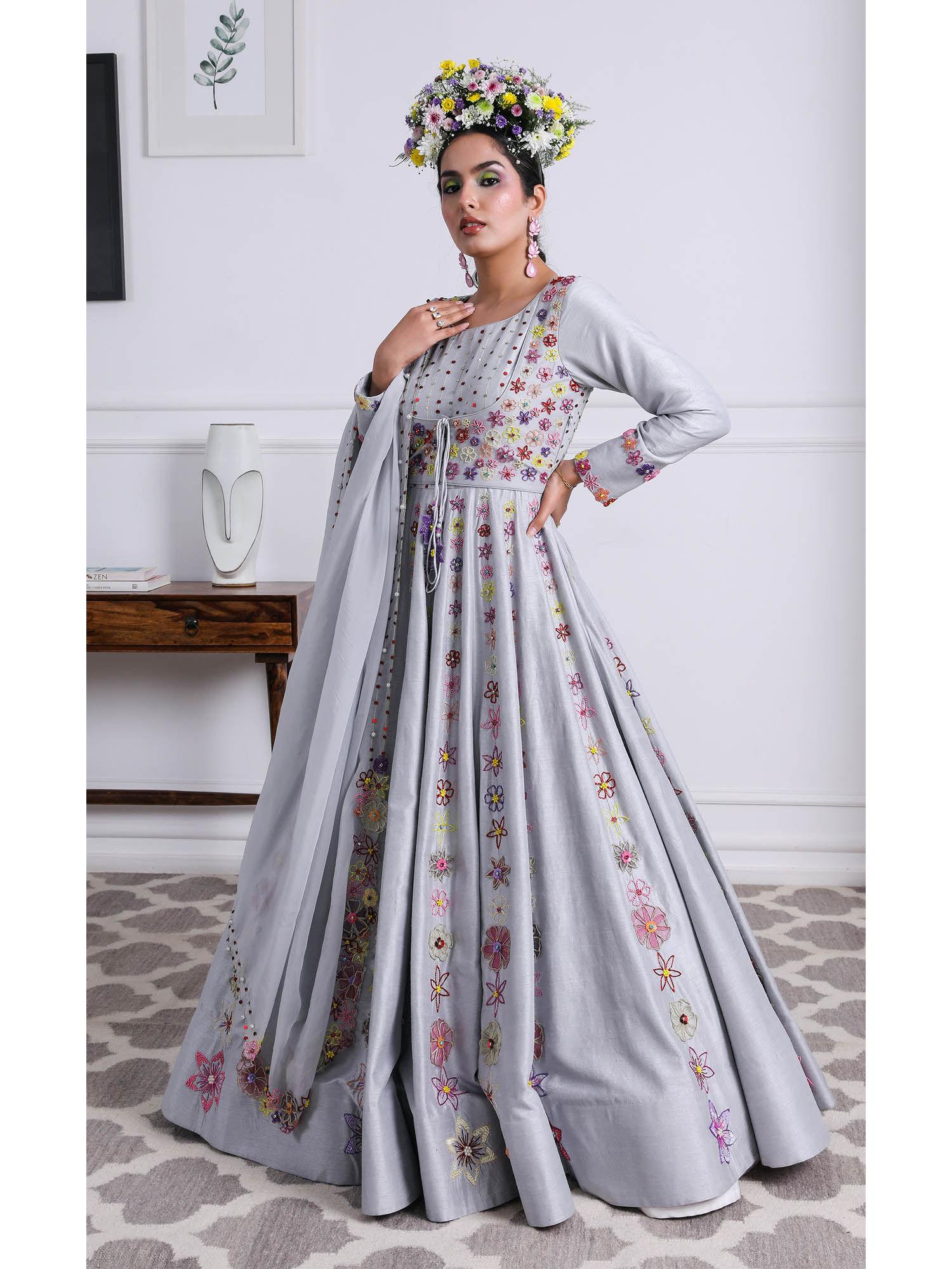 grey embellished anarkali kurta and dupatta (set of 2)