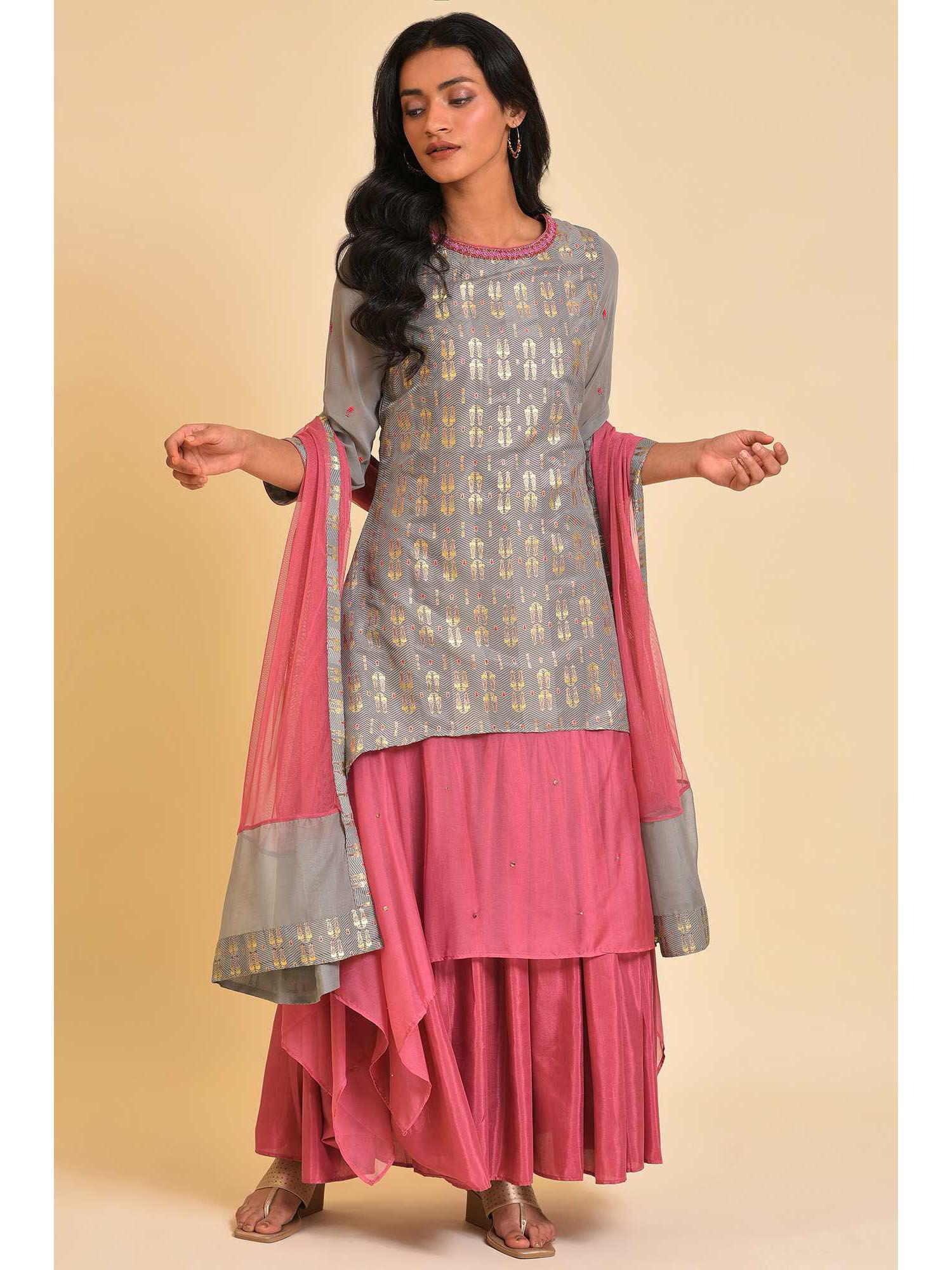 grey embellished dress with dupatta (set of 2)