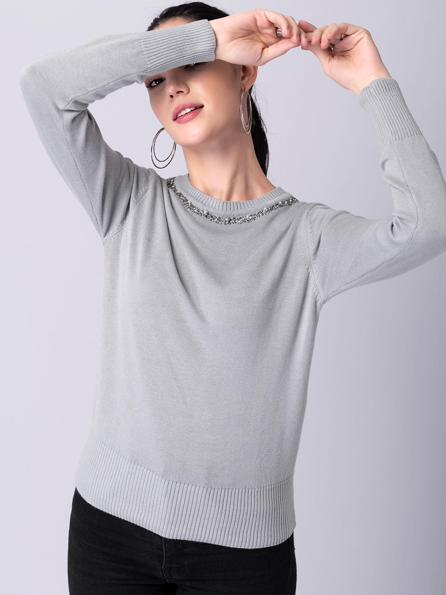 grey embellished neck sweater