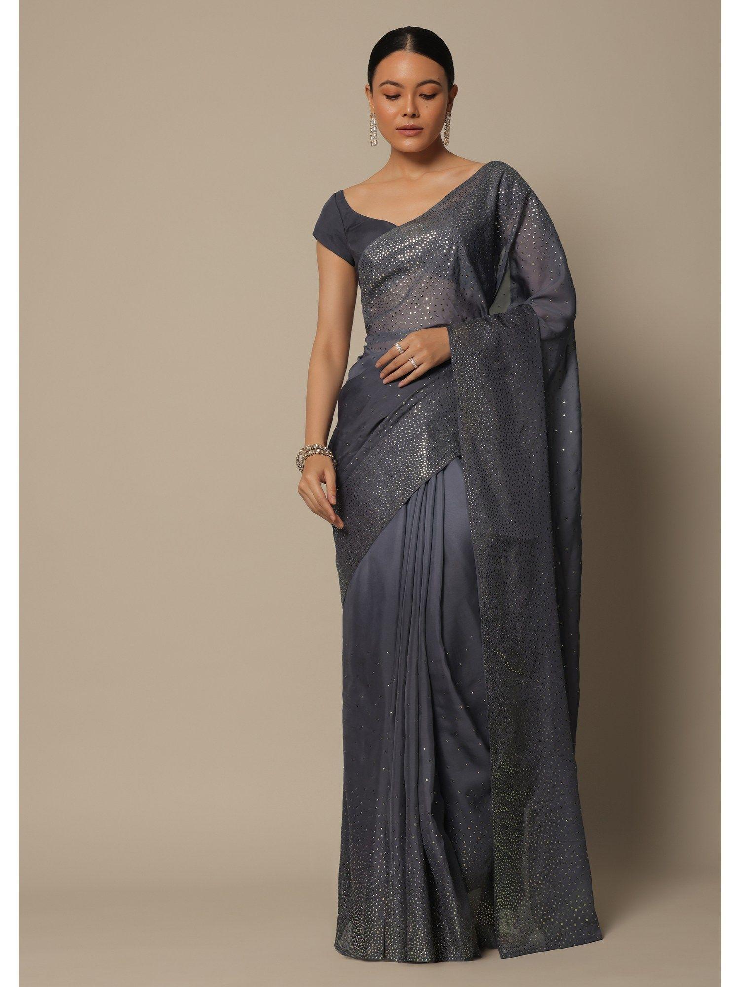 grey embellished pre-draped saree & unstitched blouse