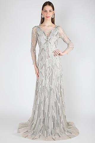 grey embellished v-neck gown