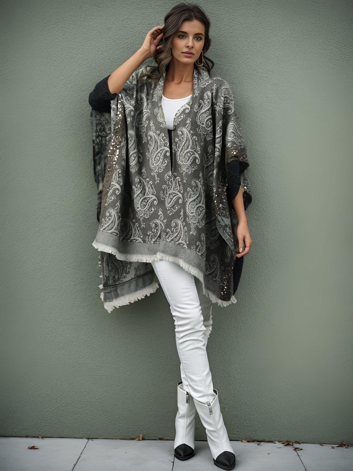 grey embellished yarn dyed cotton ponchos