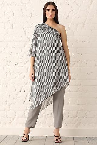 grey embroidered & printed tunic
