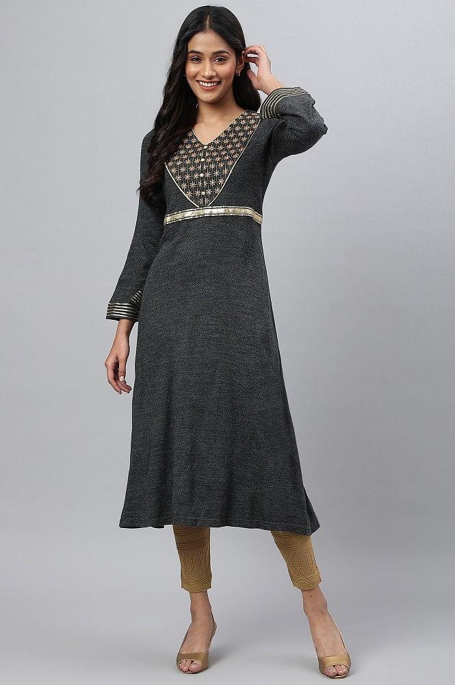 grey embroidered a-line plus size winter dress