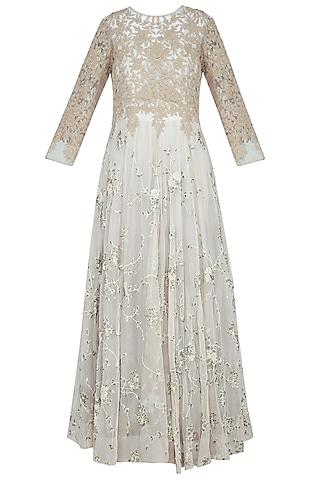 grey embroidered anarkali gown with churidar pants