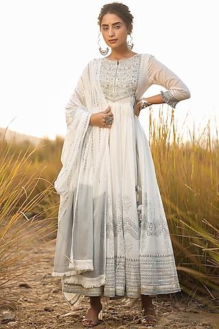 grey embroidered anarkali set