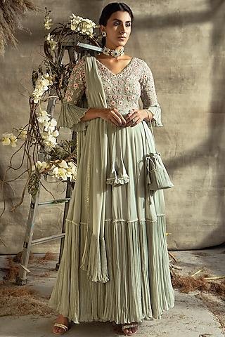 grey embroidered anarkali set