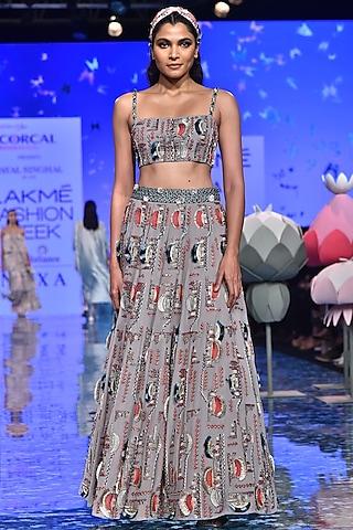 grey embroidered blouse with lehenga