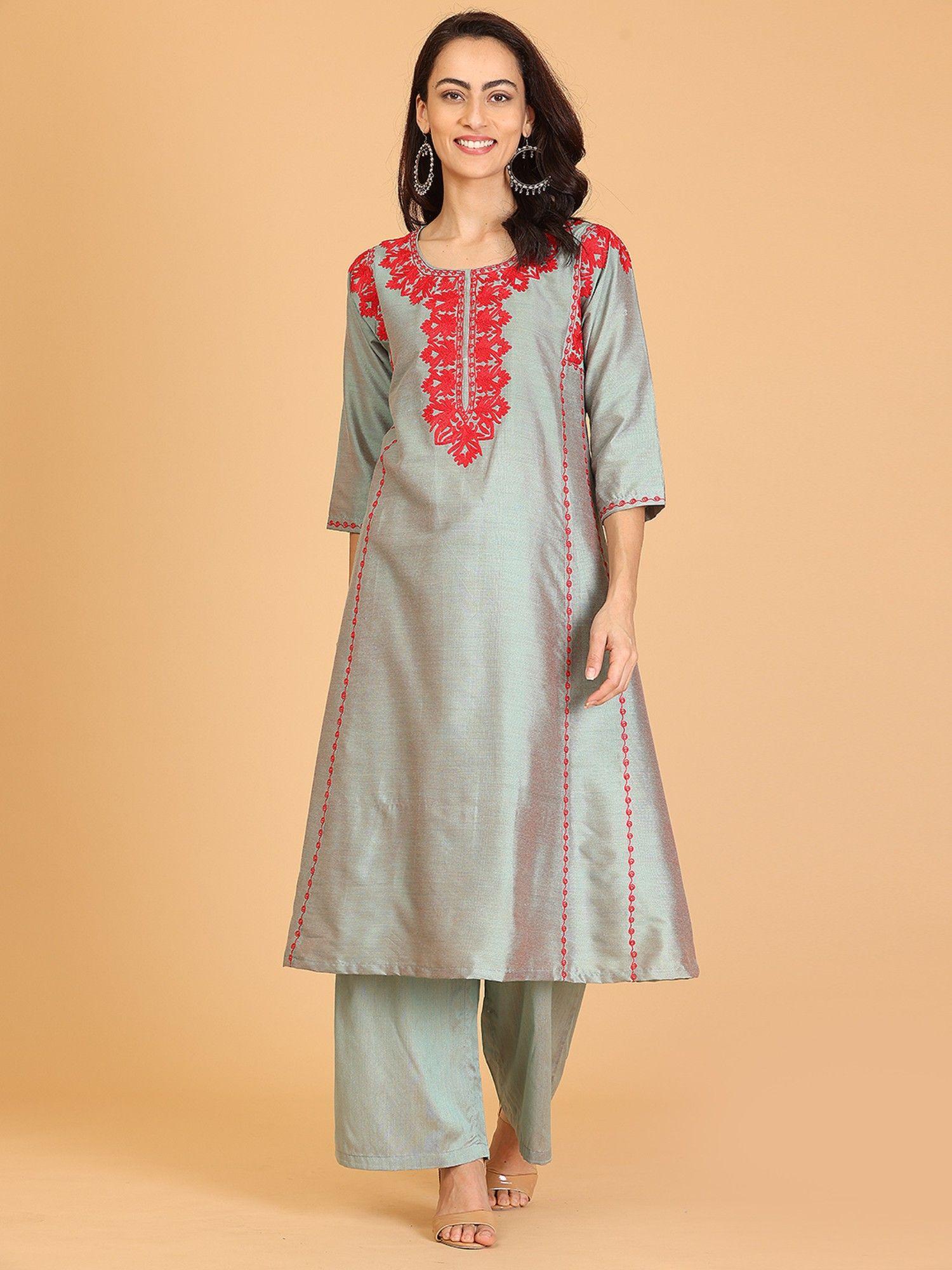 grey embroidered cotton silk flayred kurta and palazzo (set of 2)