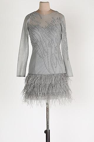 grey embroidered feather dress