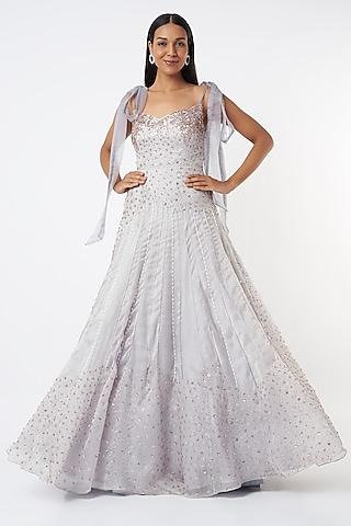 grey embroidered gown