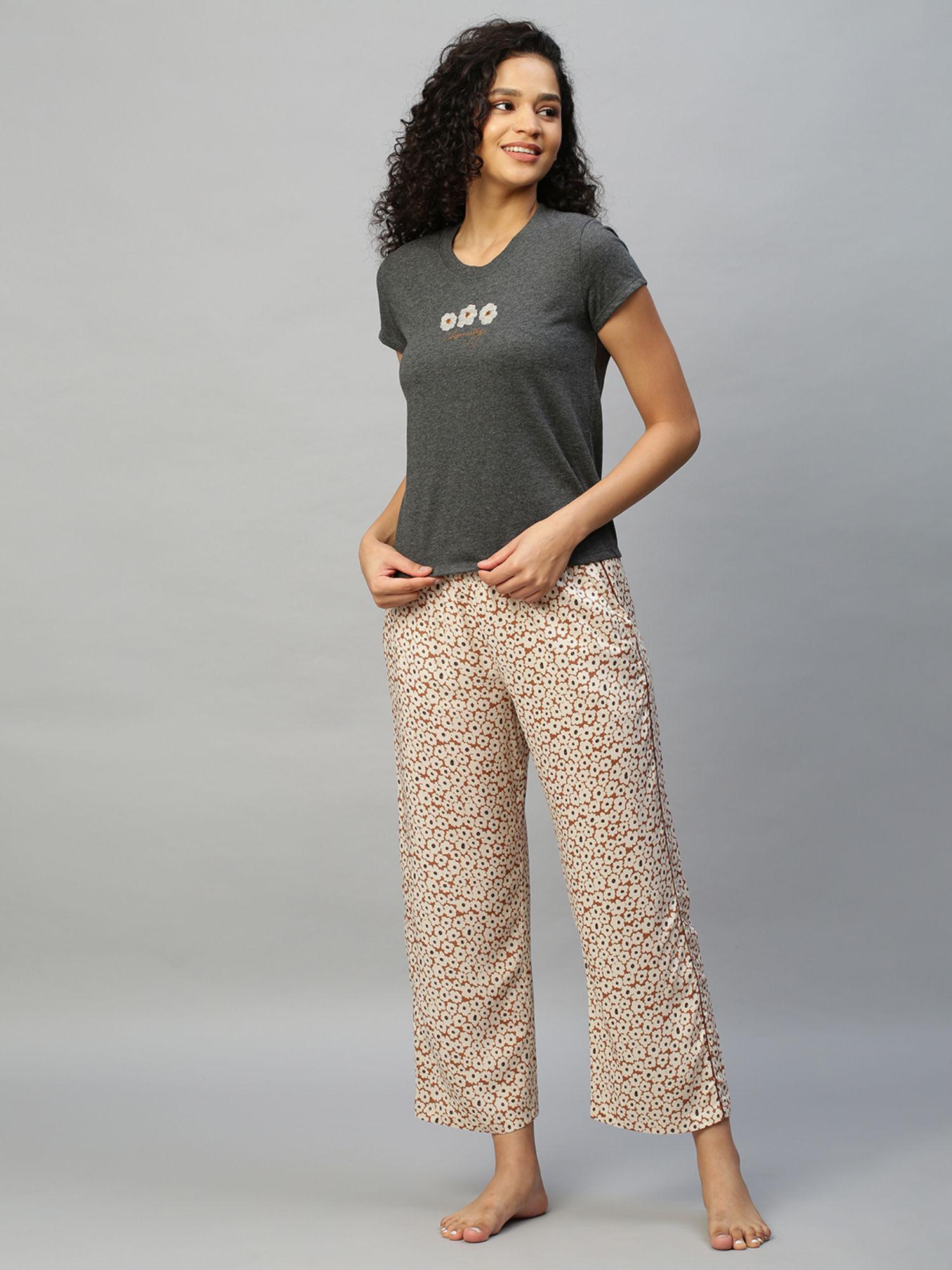 grey embroidered grey melange tee with floral printed rayon pyjama (set of 2)