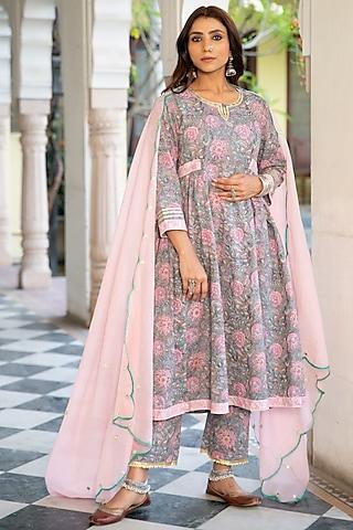 grey embroidered handcrafted kurta set