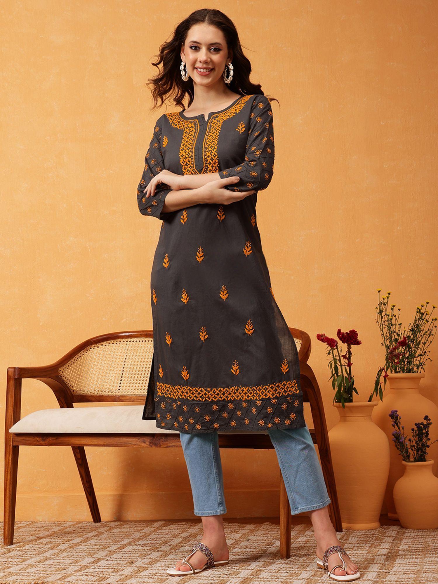 grey embroidered kurta (xs) (a411149)