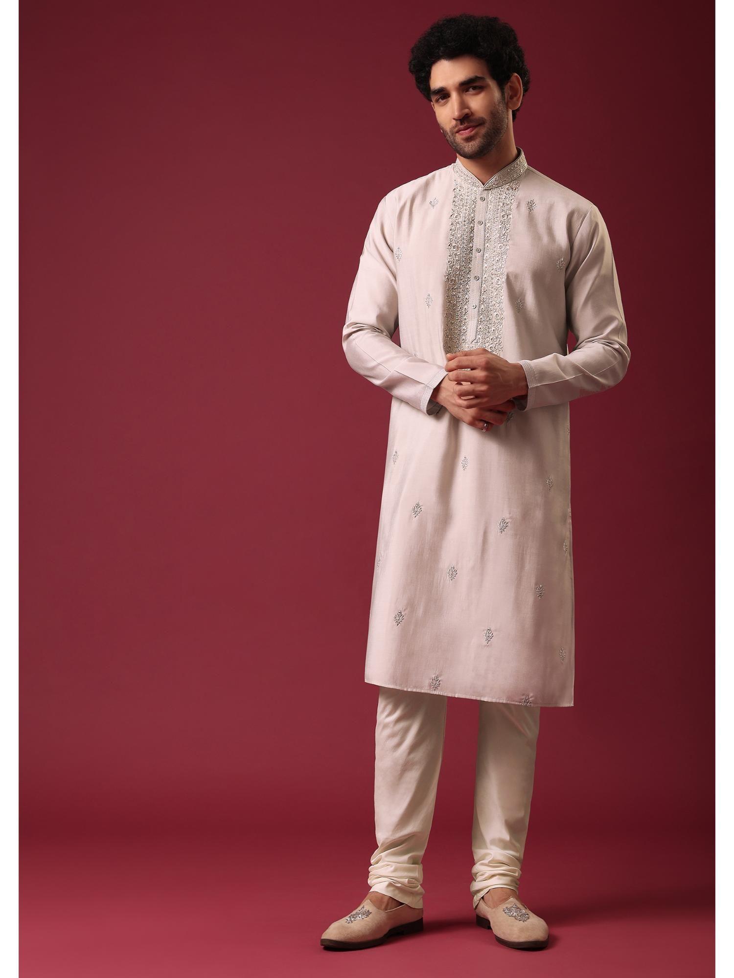 grey embroidered kurta in silk (set of 2)