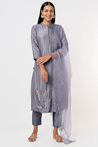 grey embroidered kurta set