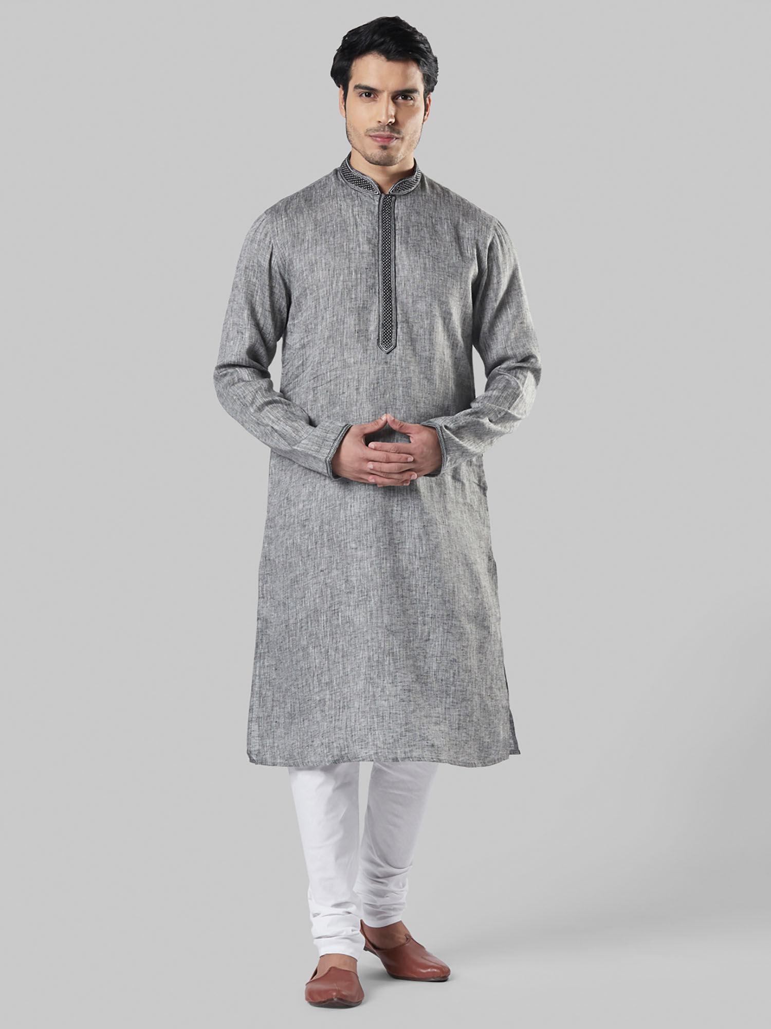 grey embroidered kurta with churidar (set of 2)