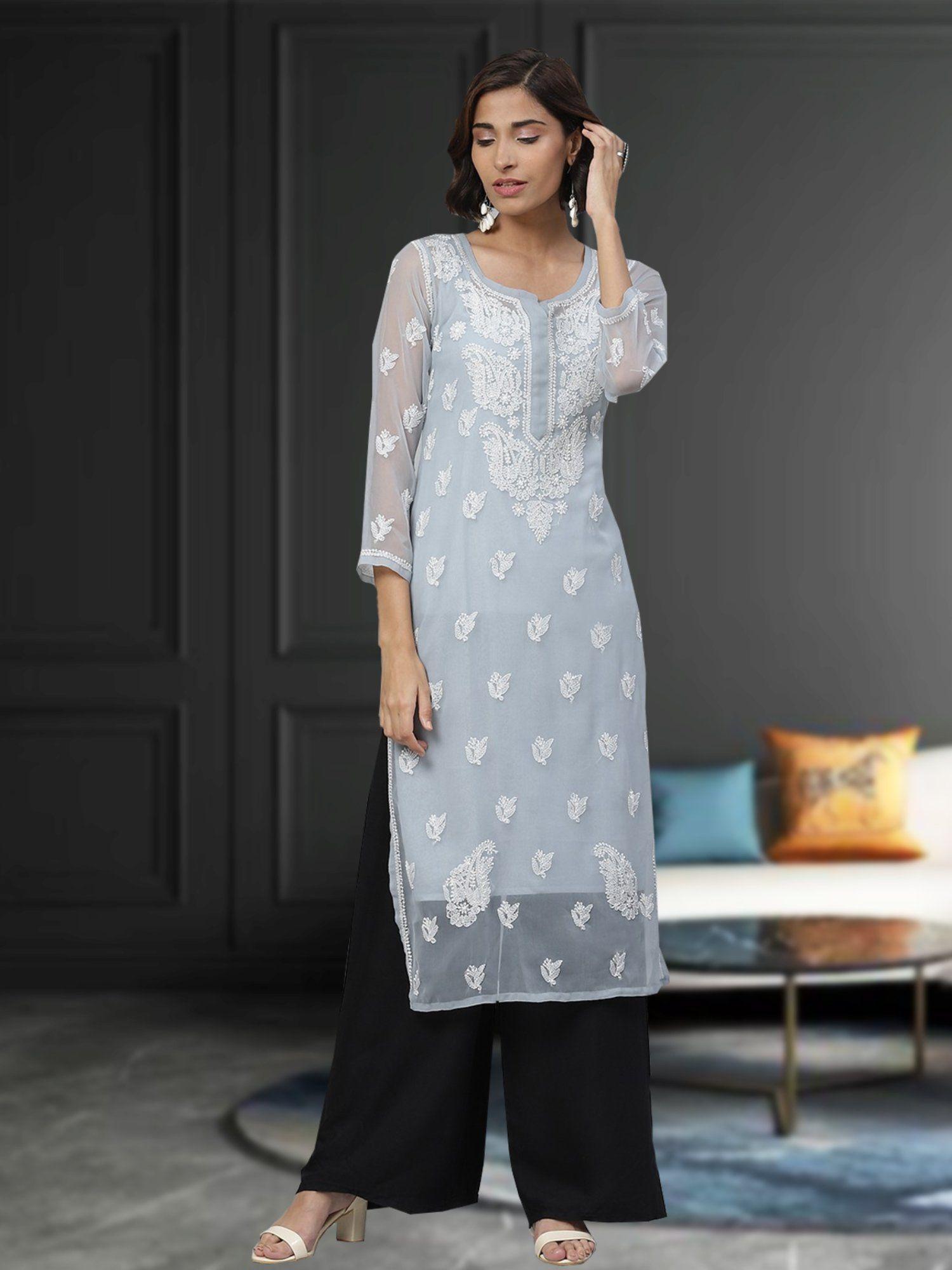 grey embroidered kurta with slip inside (xs) (a411131)