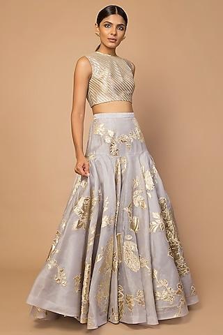 grey embroidered lehenga skirt with striped blouse