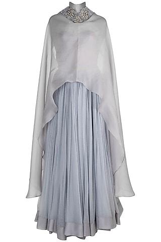 grey embroidered long cape with corset & skirt