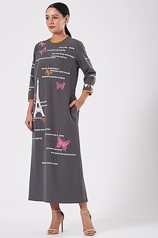 grey embroidered pleated midi dress