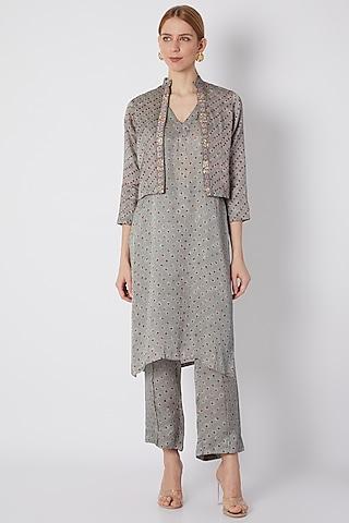 grey embroidered printed koti jacket with kurta & pants