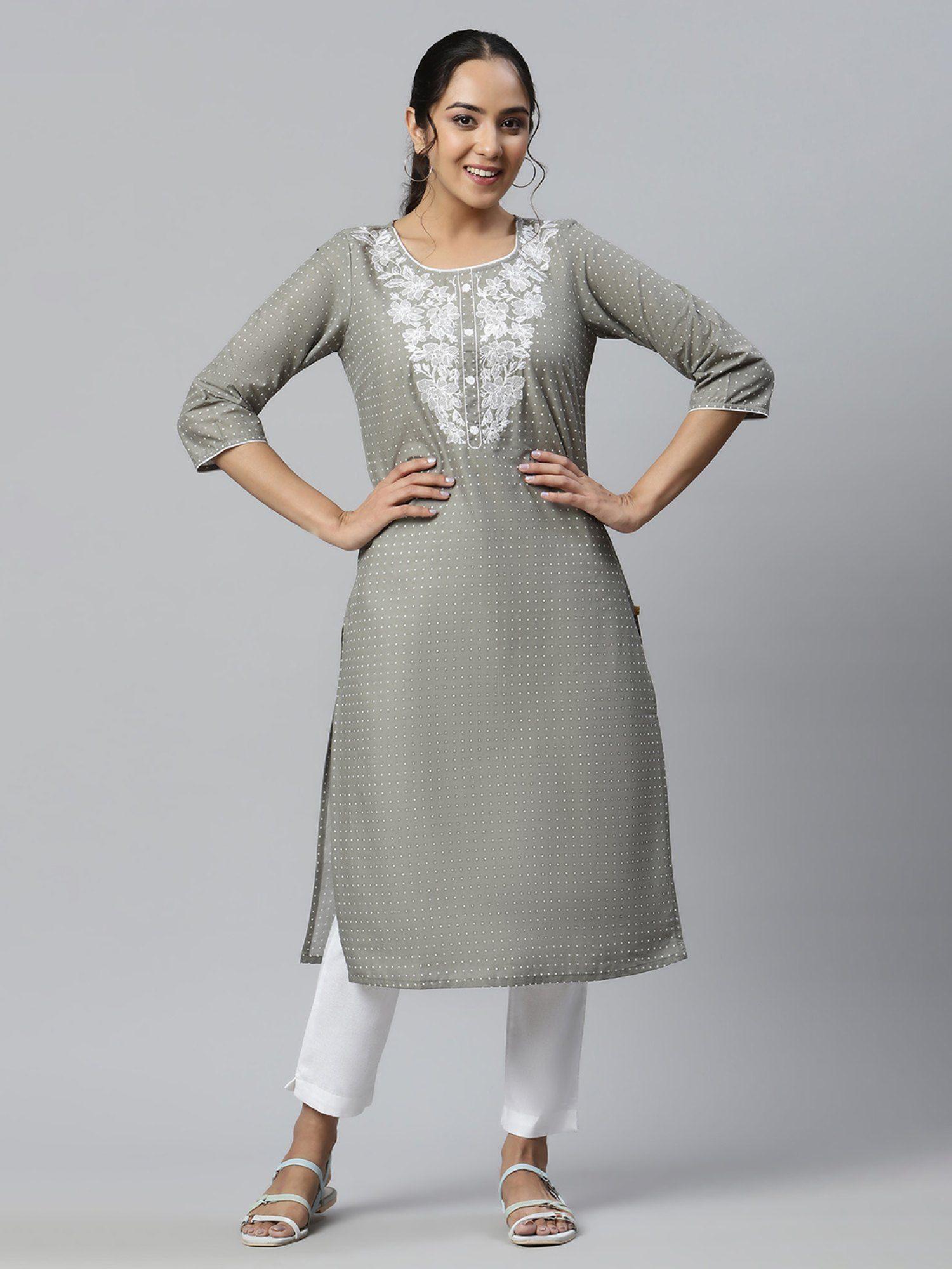 grey embroidered round neck ethnic kurta