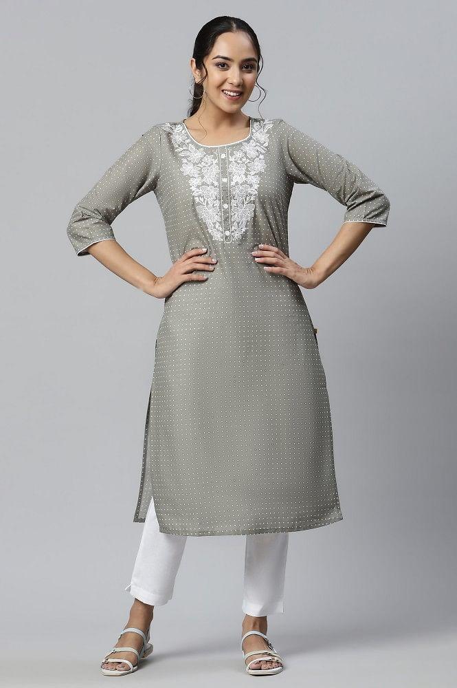 grey embroidered round neck ethnic kurta