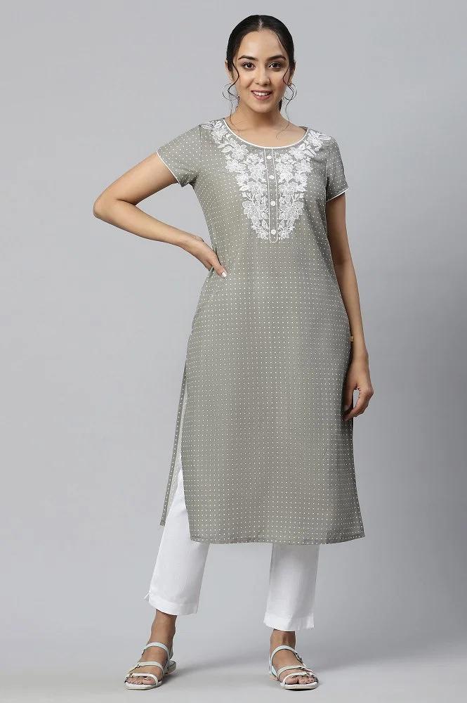 grey embroidered round neck ethnic kurta