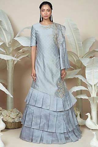 grey embroidered ruffled gown