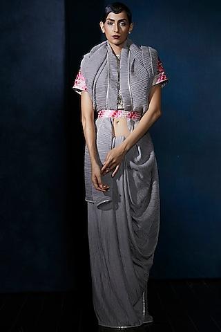 grey embroidered saree set