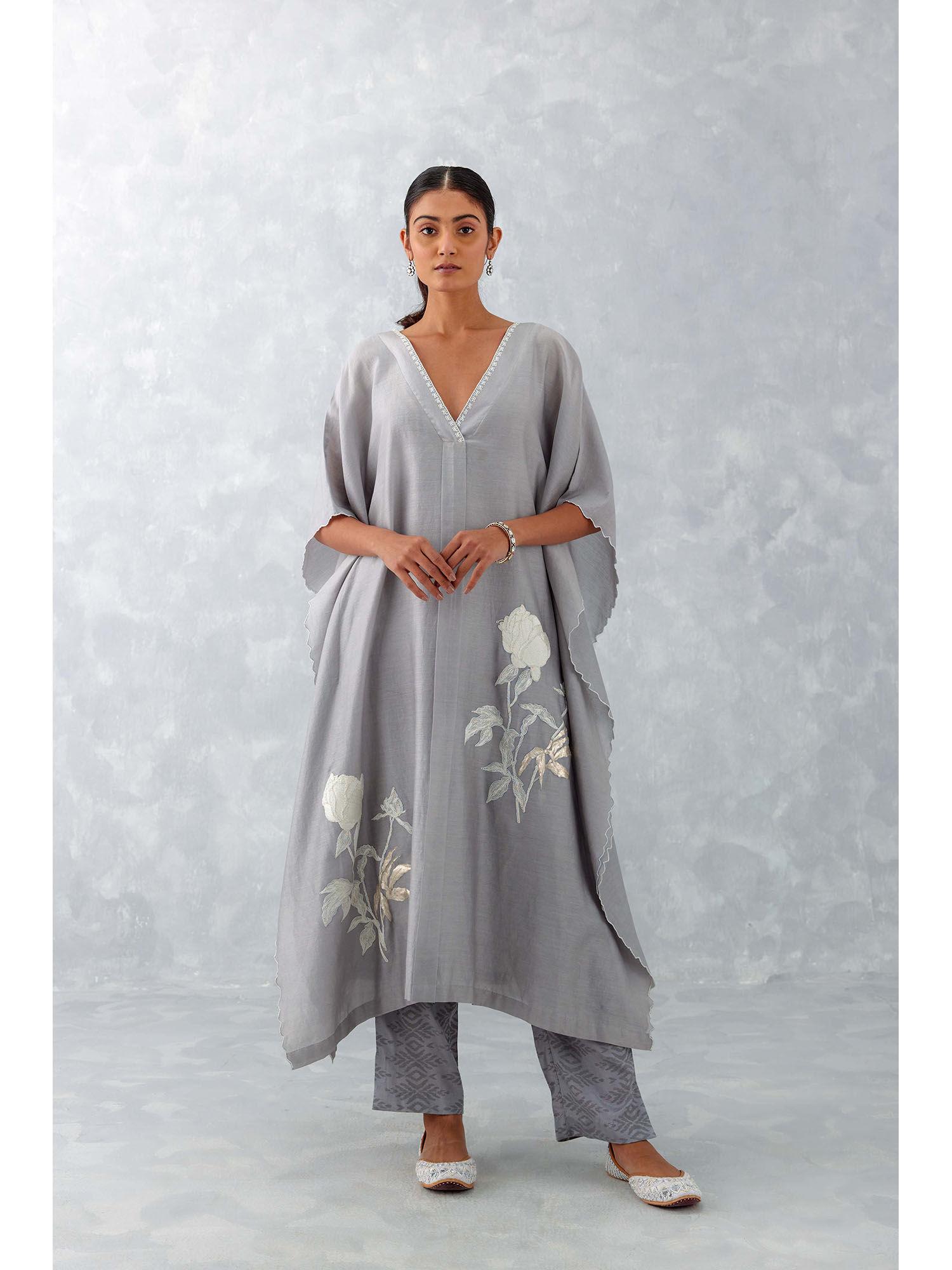 grey embroidered silk chanderi kaftan (set of 3)