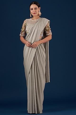 grey embroidered stitched saree set