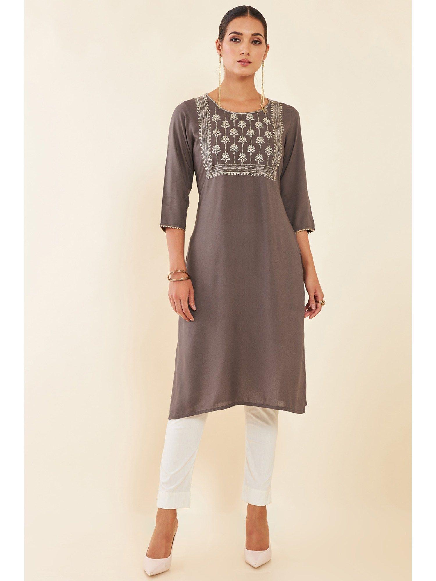 grey embroidered straight rayon kurta with gota patti