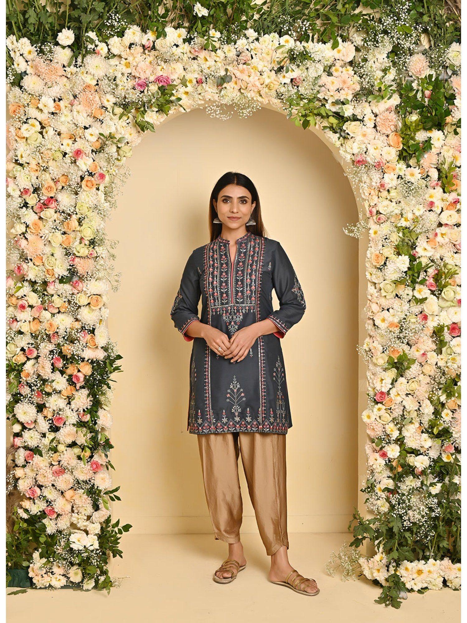 grey embroidered thigh length kurti with three fourth sleeves sleeves