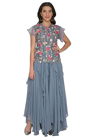 grey embroidered top with ruffled skirt