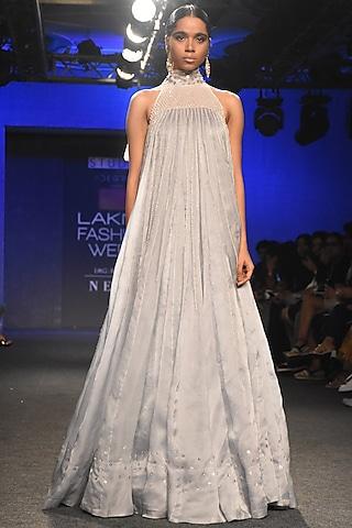 grey embroidered trapeze gown