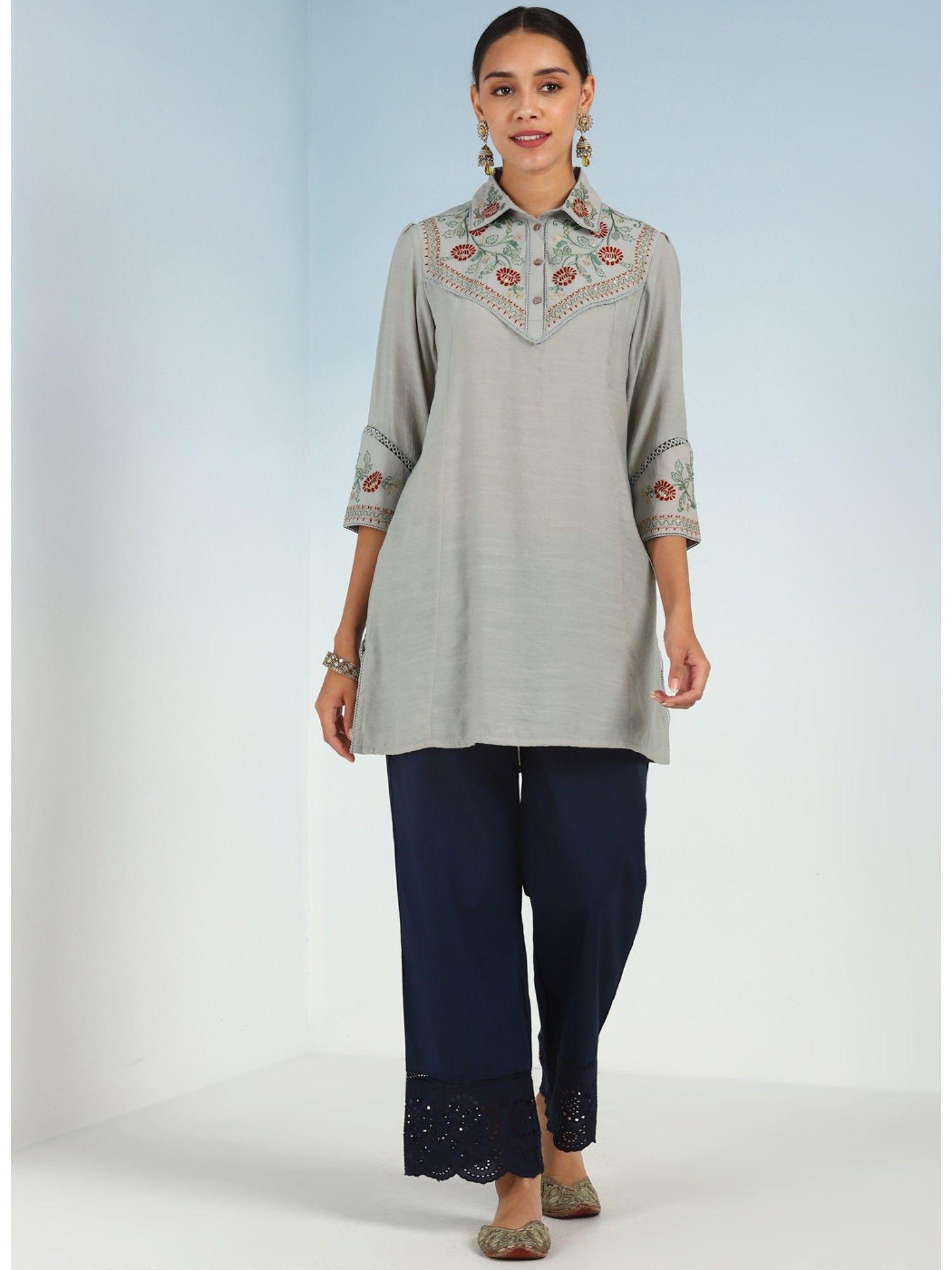 grey embroidered tunic for women with classic collar